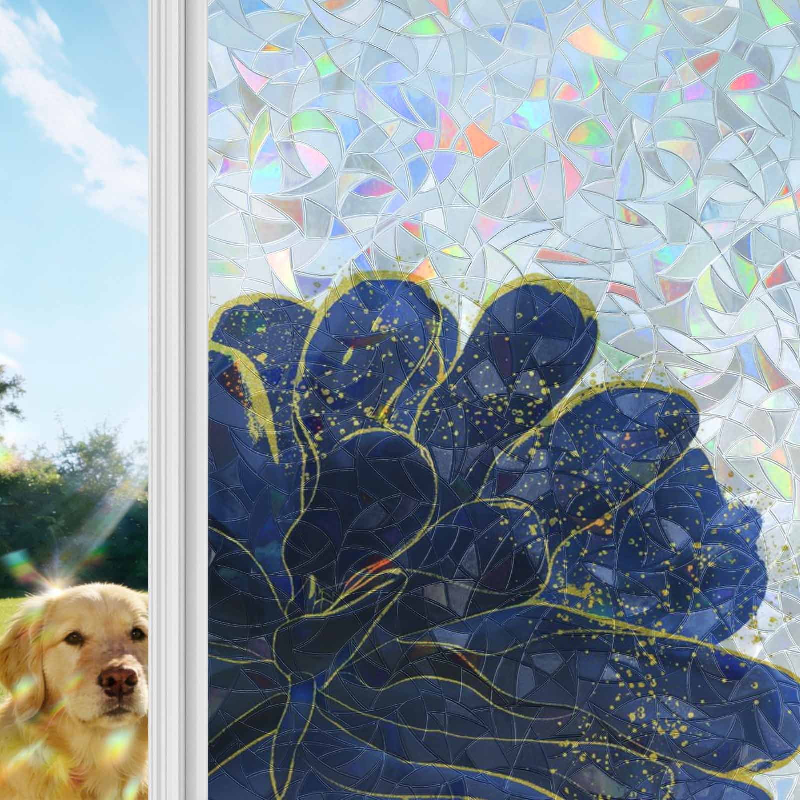 Navy Blue Gold Window Privacy Film Stain Glass,Reusable Decorative Rainbow Window Film,Abstract Line Art Troditional Ink Painting Static Cling Sun Blocking Stickers Decals Covers 19.6" x 39.3" (2pcs)