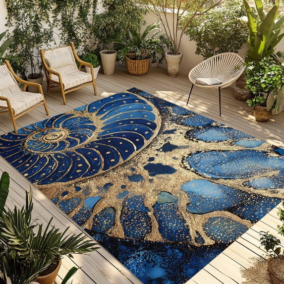 Navy Blue Golden Conch Outdoor Rug for Patio/Deck/Porch, Non-Slip Large Area Rug 4 x 6 Ft, Modern Abstract Art Ocean Indoor Outdoor Rugs Washable Area Rugs, Reversible Camping Rug Carpet Runner