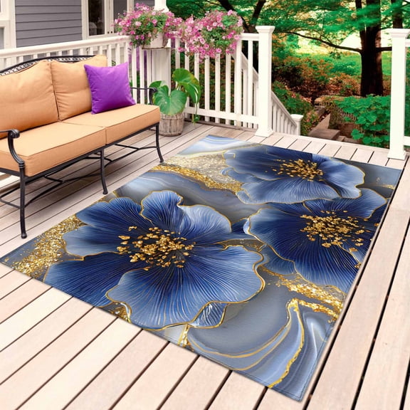 Navy Blue Golden Flowers Outdoor Rug for Patio/Deck/Porch, Non-Slip Large Area Rug 4 x 6 Ft, Elegant Botanical Floral Blossom Indoor Outdoor Rugs Washable Area Rugs, Camping Rug Carpet Runner