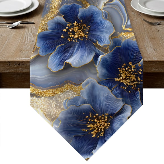 Navy Blue Golden Flowers Table Runner Linen Burlap Table Runner 72 Inches Long Elegant Botanical Floral Blossom Dresser Scarves for Kitchen Island Coffee Dining Room Party Holiday Decor 16"x72"