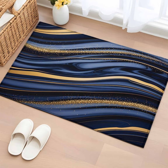 Navy Blue Golden Marble 2x3 Door Mat Rug, Modern Abstract Marble Flow Non-Skid Rubber Backing Large Rectangle Rugs - Living Room Bedroom Home Office, Indoor Floor Mat Carpets Washable Rug