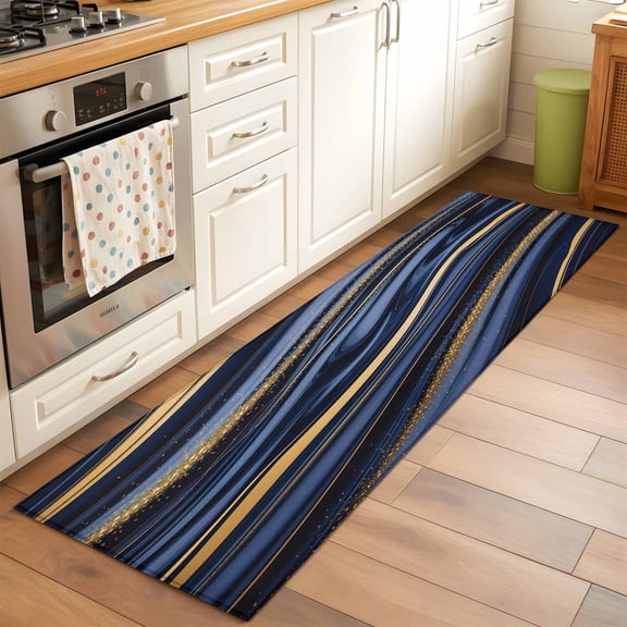 Navy Blue Golden Marble 2x6 Kitchen Runner Rug, Modern Abstract Marble Flow Non-Skid Rubber Backing Large Rectangle Rugs - Living Room Bedroom Home Office, Indoor Floor Mat Carpets Washable Rug