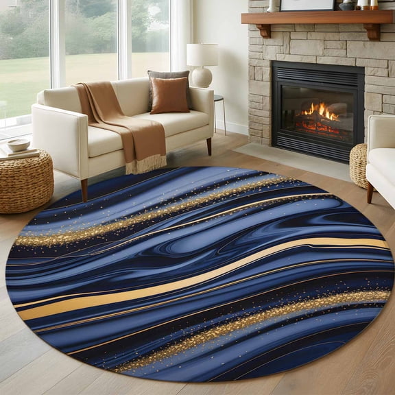 Navy Blue Golden Marble 7ft Round Rug, Modern Abstract Marble Flow Non-Skid Rubber Backing Large Area Rugs - Living Room Bedroom Home Office, Indoor Floor Mat Carpets Washable Rug