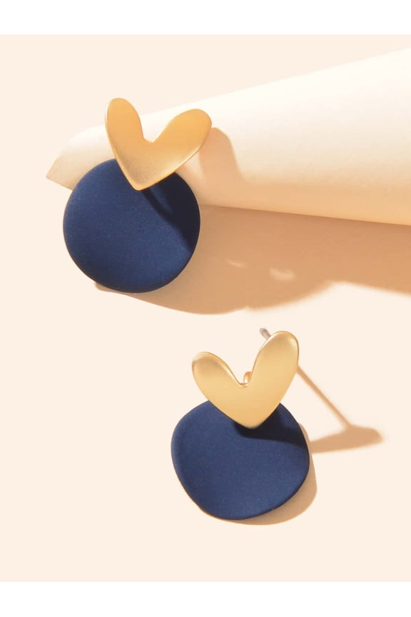 Navy Blue & Goldtone Heart Over Circle Geometric Stud Earrings For Women