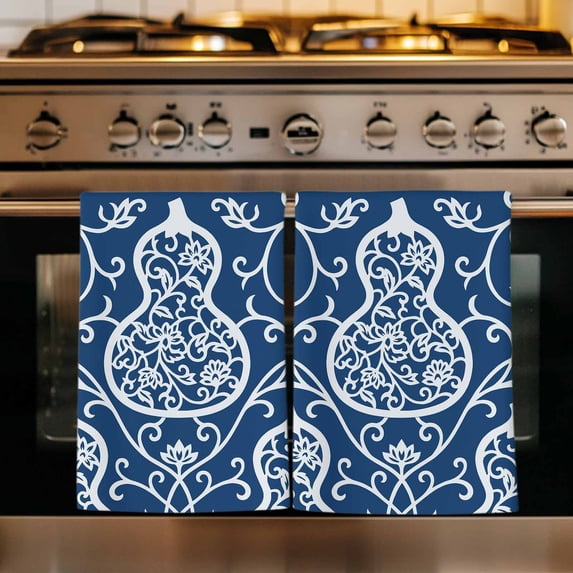 Navy Blue Gourd Kitchen Towels Set of 2, Modern Abstract Art Floral Absorbent Dish Towels for Kitchen, Microfiber Hand Towel, Quick Drying Tea Towel for Cleaning Decorative Dishcloths