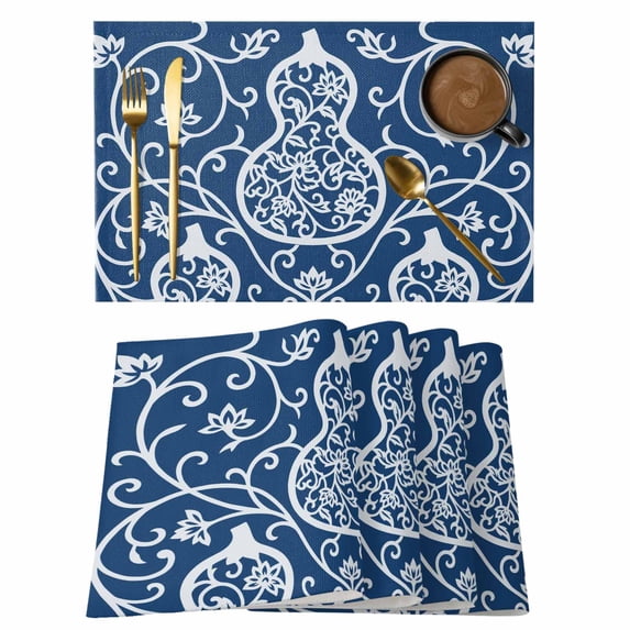 Navy Blue Gourd Placemats Set of 4 Modern Abstract Art Floral Place Mats Indoor Wipeable Table Mats Washable Cloth Dining Table Placemats for Kitchen Holiday Party Home Decor 13x19 Inch