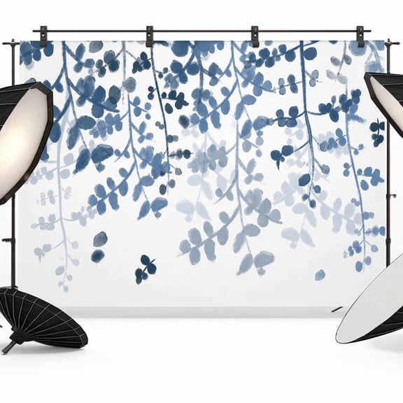 Navy Blue Gradient Leaf Photography Backdrop 10x8FT, Rustic Eucalyptus Leaves Farm Plants Photo Backdrops, Background for Photography Studio Photo Studio Background, Back Drop for Photoshoot