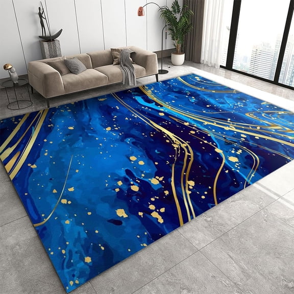 Navy Blue Gradient Marble Abstract Area Rug,Gold Foil Stripes Spots Fashion Living Room Rug,Non Slip Low Pile Rug,Apply To Living Room Bedroom Home Office Kitchen 3x5ft