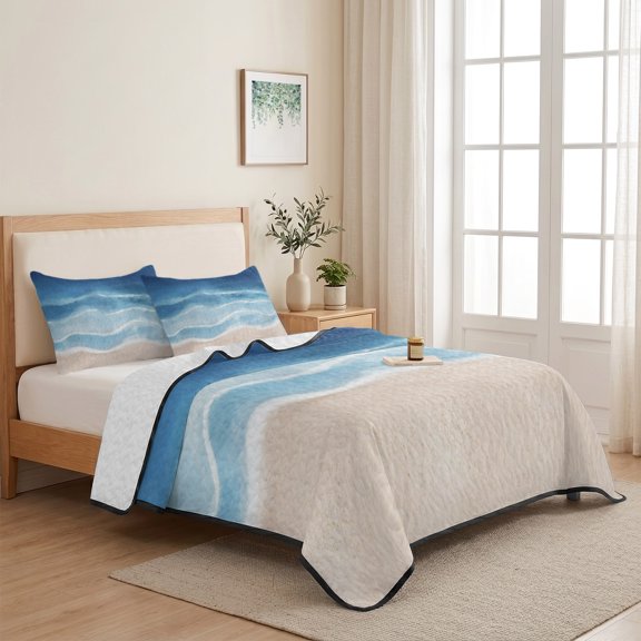 Navy Blue Gradient Ocean Wave 3 Pieces Quilt Set,1 Quilt with 2 Shams,Seaside Water Stripe Bedspread Soft Lightweight Bedding Coverlet Comforter Set for All Season 68"x98"