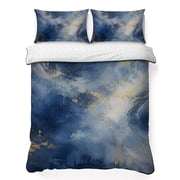 Navy Blue Gradient Queen Quilt Bedding Set, Abstract Blue Gold Ombre Mottled Paint Lightweight Comforter with 2 Pillow Shams Bedroom Bedspread Set Home Decor for All Seasons