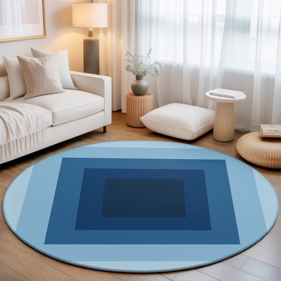 Navy Blue Gradient Squares 8' Round Rug for Open Concept Living Room Seating Zone, Softness Layers Zen Geometric Washable Non Slip Large Circle Area Rug