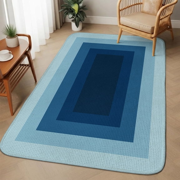 Navy Blue Gradient Squares Area Rugs for Living Room 5x6, Softness Layers Zen Geometric Washable Area Rug with Non Slip Backing, Stain Resist Linen Carpet for Bedroom, Dining Room, Entryway, Entrance