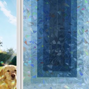 Navy Blue Gradient Squares Rainbow Window Privacy Film, Softness Layers Zen Geometric Stained Glass Window Film, Sun Blocking Glass Clings Static Cling Non Adhesive Door Stickers 17.7 x 39.3 Inches