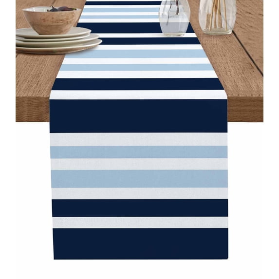 Navy Blue Gradient Striped Burlap Cotton Table Runner 16x72 Inches Long, Modern Minimalist Ombre Lines Farmhouse Table Runners, Outdoor Dining Tablecloths Decor for Baby Shower/Party/Wedding