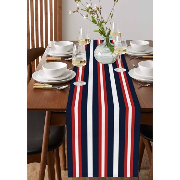 Navy Blue Gradient Stripes Table Runner 13x90in Non-Slip Cotton Linen Table Runners, Twist Abstract Line Dresser Scarves TableRunner for Dinner Kitchen Dining Wedding Party