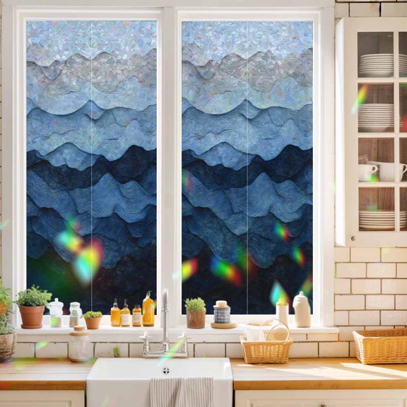 Navy Blue Gradient Water Ripple Window Privacy Film,Decorative Windows Static Cling Ocean Nautical Abstract Geometric Heat Control Removable Glass Sticker for Bathroom Bedroom Window Door,17.7x39.3in