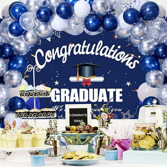 Navy Blue Graduation Banner Decoration,Personalized Graduation Banner,Graduation Backdrop Banner Decor,Congrats Grad Balloon Banner for High School Graduation Party Decor