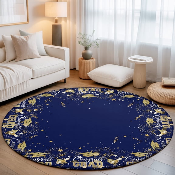 Navy Blue Graduation Cap Washable Round Area Rug 3 ft, Gold Stars Academic Diploma Soft Non Slip Rugs Stain Repellent Indoor Felt Carpet for Living Dining Room Bedroom Home Office