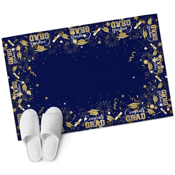 Navy Blue Graduation Cap Washable Small Entryway Area Rugs 2'x3', Gold Stars Academic Diploma Low Pile Throw Rug Non-Slip Sturdy Edge Binding Carpet for Front Door Floor Room Entry