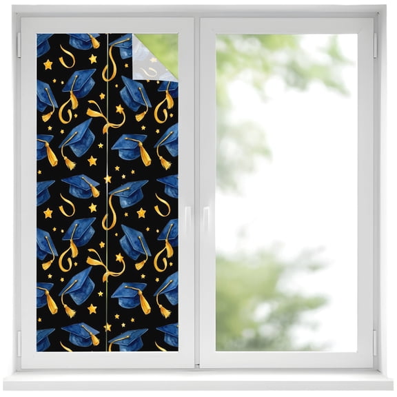 Navy Blue Graduation Cap Window Privacy Film Modern Gold Star Tassels Black Decorative Glass Window Film UV Blocking Static Cling Non-Adhesive Sticker Covering for Home Door 17.7 x 39.3 inches