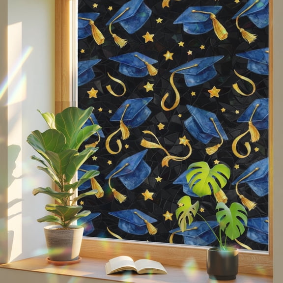 Navy Blue Graduation Cap Window Privacy Film, Modern Gold Star Tassels Black Stained Glass Rainbow Film Decorative Window Clings, Static Cling Sun Blocking Stickers 17.7" x 39.3"