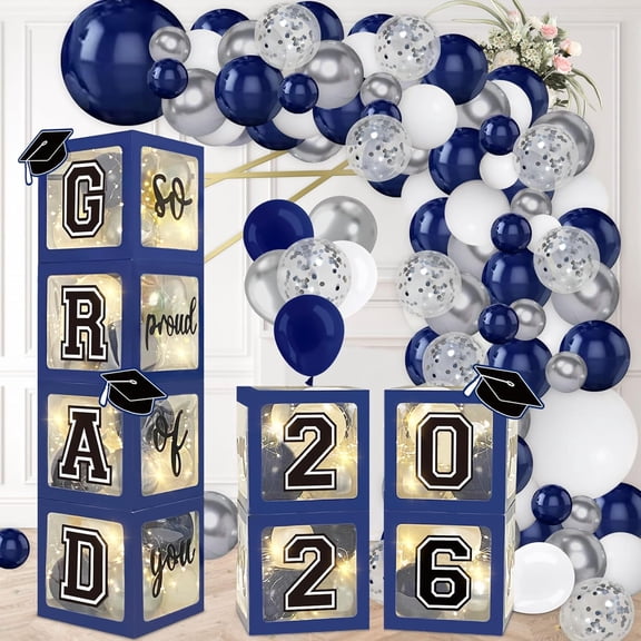 Set of 4 Grad Balloon Boxes with 139pcs Balloon Arch Garland Kit & 4 Lighted Strings – Navy Blue Graduation Decorations 2026