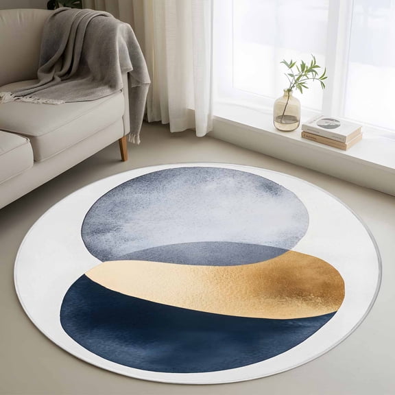 Navy Blue Gray Abstract Art Round Rug 3ft Washable Circle Entryway Rugs Non Slip Geometric Contemporary Luxury Area Rug Indoor Floor Carpet for Bedroom Kitchen Living Room Home Office Dining Room