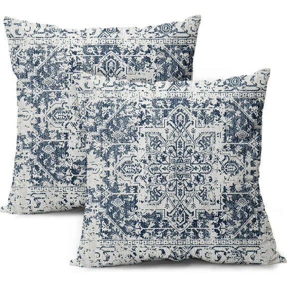 Navy Blue Gray Boho Pillow Covers 16X16 Inch Set of 2 Ethnic Bohemian Carpet Decorative Pillow Cases Farmhouse Rustic Vintage Rug Pillowcase Home Decor for Cushion Room Couch Patio Sofa Porch Outdoor