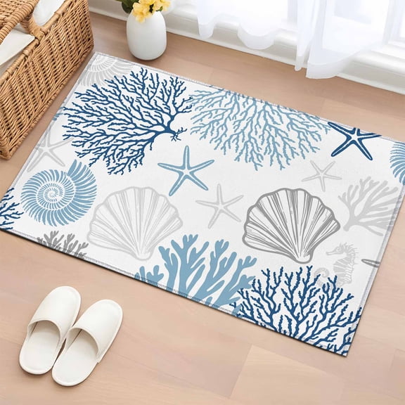 Navy Blue Gray Coastal Area Rugs 2x3 for Living Room, Summer Beach Coral Shell Ocean Non Slip Washable Rug Runner, Low Pile Indoor Floor Carpet Mat Bathroom Rugs for Bedroom, Kids Room