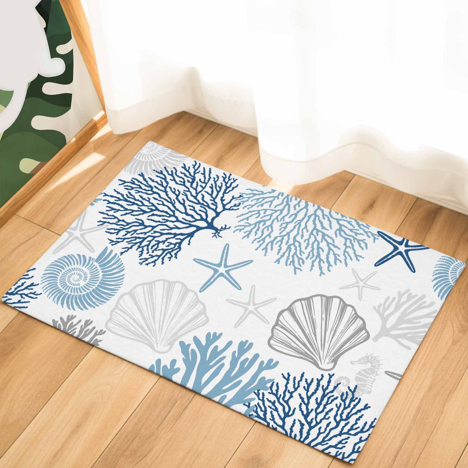 Navy Blue Gray Coastal Indoor Door Mat - 20"x31.5", Non-Slip Welcome Mat for Outdoor, Summer Beach Coral Shell Ocean Front Doormat for Entry, Low-Profile Doormat Entrance Rug for Kitchen/Bathroom