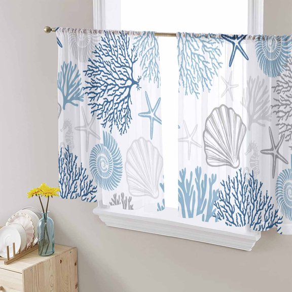 Navy Blue Gray Coastal Semi Sheer Window Curtains 45 Inches Long, Summer Beach Coral Shell Ocean Rod Pocket Voile Silky Chiffon Curtain Treatment Drapes for Kitchen, Living Room, 52"x45", 2 Panels