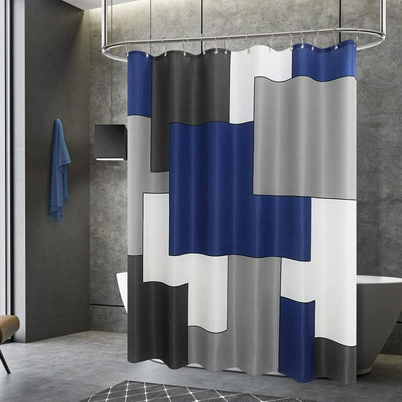 Navy Blue and Gray Extra Long Shower Curtain Dark Blue White Modern Shower Curtains for Bathroom Geometric Waffle Weave Waterproof Shower Curtain Set with Hooks Machine Washable Indigo Blue 72x84