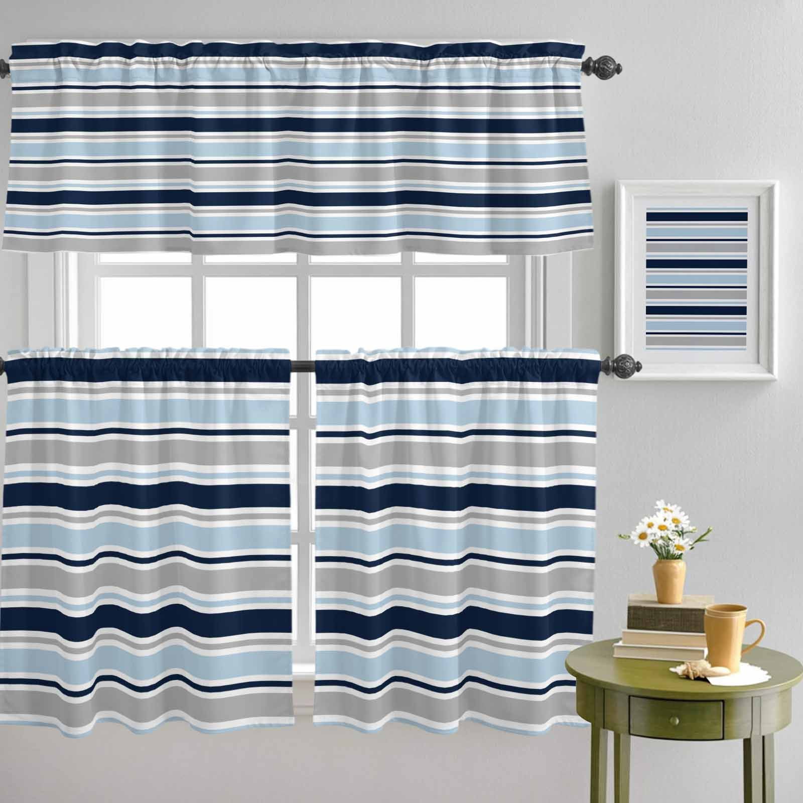 Navy Blue Gray Geometric Line Curtain Tier and Valance Set 3 Piece ...