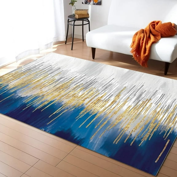 Navy Blue Gray Gold Line Area Rug, Nordic Painting Abstract Art Living Room Rugs, Easy Clean Carpet Washable Indoor Non-Slip Rug for and Bed Living Room Carpets Decor,2x3ft