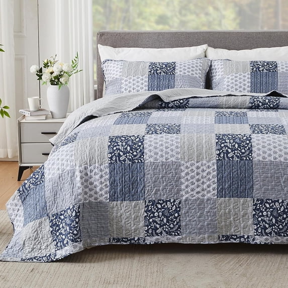 Navy Blue Gray King Size Bedspread Set, 3 Piece Quilt Set Patchwork Plaid Bedding Quilted Coverlet Set Reversible Lightweight Microfiber Bed Cover Comforter with 2 Pillow Shams