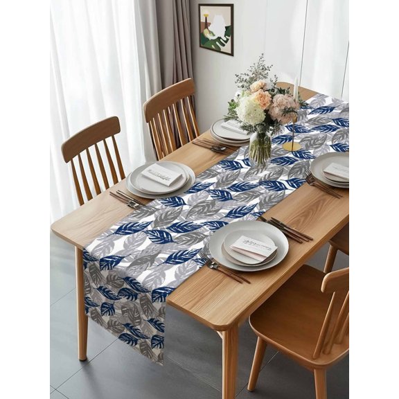 Navy Blue Gray Leaves Texture Table Runner 13x70in Non-Slip Cotton Linen Table Runners, Botanical Leaf Foliage Dresser Scarves TableRunner for Dinner Kitchen Dining Wedding Party