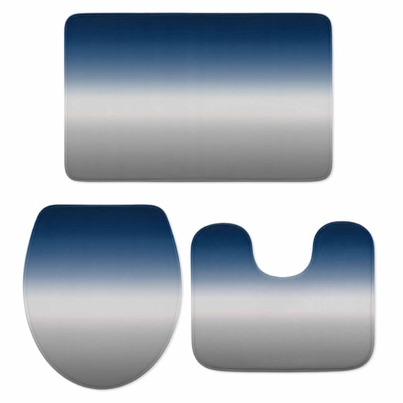 Navy Blue Gray Ombre Bath Mat 3 Piece Bathroom Rug Set, Modern Gradient Abstract Art Non Slip Bath Rug Contour Mat and Toilet Lid Cover, Absorbent Shower Mats Soft Bath Rugs and Mats Sets