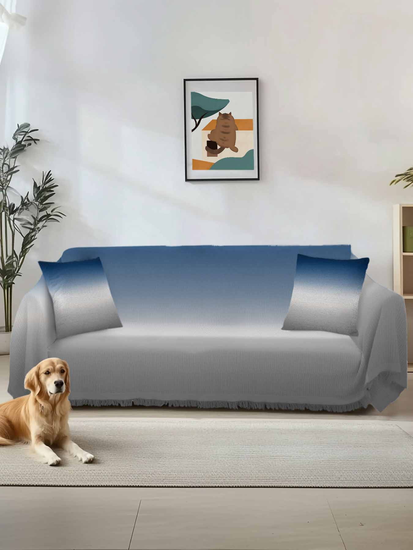 Navy Blue Gray Ombre Couch Cover, Modern Gradient Abstract Art Sofa Cover Blanket for 2 Seat Cushion, Sectional Sofa Slipcover Furniture Protector for Living Room Bedroom 71''x102''