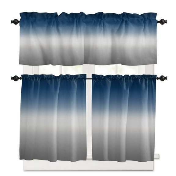 Navy Blue Gray Ombre Kitchen Curtains and Valances Set, 3 Piece Kitchen Curtains Set 24 Inch Length, Modern Gradient Abstract Art Rod Pocket Curtains Tier Farmhouse Window Curtains