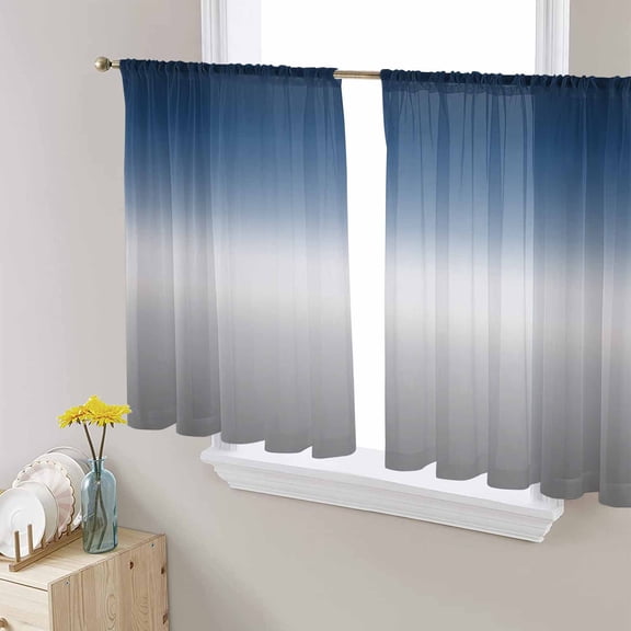Navy Blue Gray Ombre Semi Sheer Curtains 45 Inch Length 2 Panels Set, Modern Gradient Abstract Art Sheer Kitchen Curtain Privacy Voile Window Curtain for Living Room Bedroom Rod Pocket Drapes