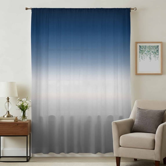 Navy Blue Gray Ombre Sheer Curtains 45 Inches Long, Modern Gradient Abstract Art Light Filering Curtains, Breathable Simi Curtain Privacy Drapes for Kitchen Bathroom Small Window Treatment