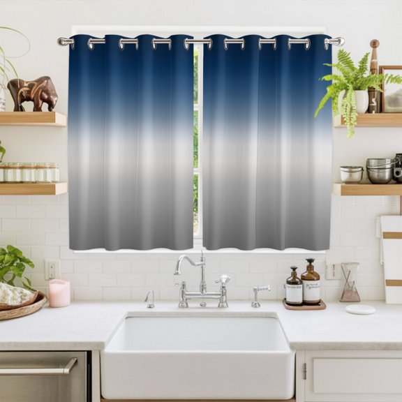Navy Blue Gray Ombre Window Curtains Panels with Silver Grommet, Modern Gradient Abstract Art Kitchen Cafe Curtain Draperies Window Treatment Set for Living Room/Bedroom/Laundry Room/Bathroom, 104x63