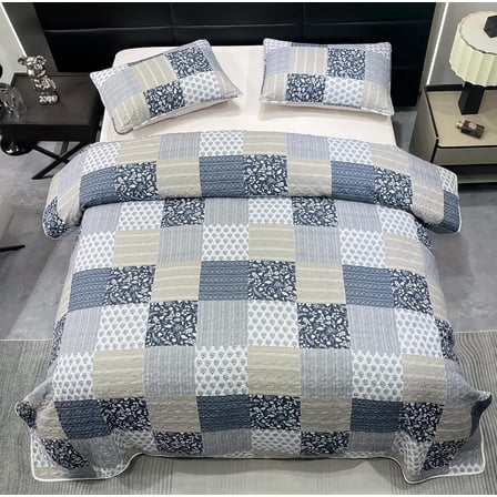 Navy Blue Gray Oversized King Quilt Set 128x120, 3 Piece Quilted Bedspread Set Patchwork Plaid Bedding Comforter Set Reversible Lightweight Microfiber Bed Spread Coverlet Set for All Seasons