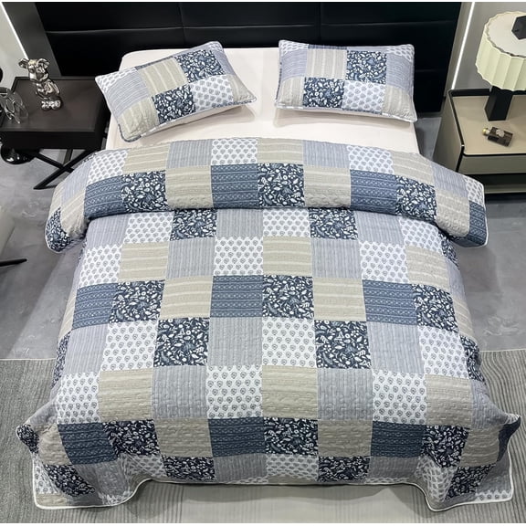 Navy Blue Gray Oversized King Quilt Set 128x120, 3 Piece Quilted Bedspread Set Patchwork Plaid Bedding Comforter Set Reversible Lightweight Microfiber Bed Spread Coverlet Set for All Seasons