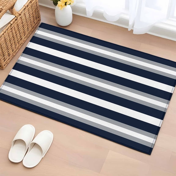 Navy Blue Gray Stripe Area Rugs 2x3 for Living Room, Modern Farmhouse Horizontal Striped Non Slip Washable Rug Runner, Low Pile Indoor Floor Carpet Mat Bathroom Rugs for Bedroom, Kids Room