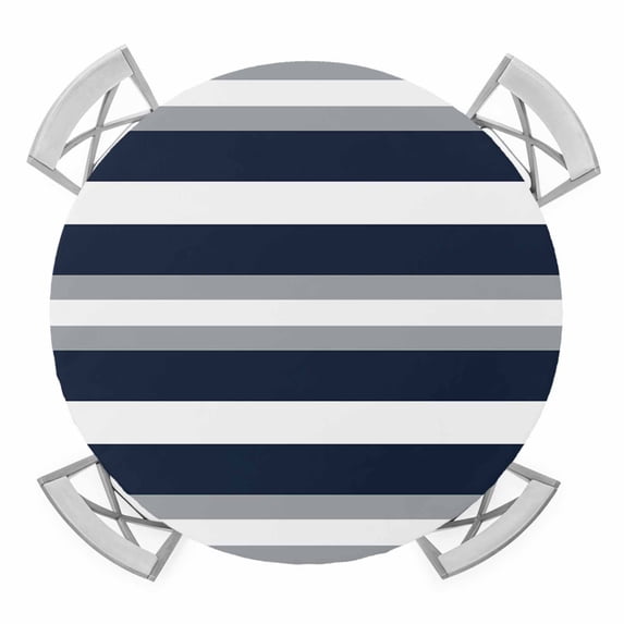 Navy Blue Gray Stripe Round Fitted Tablecloth with Elastic Edge, Waterproof Table Cloth Table Cover for 36"-44" Tables, Modern Farmhouse Horizontal Striped Tablecloths for Dining Picnic Outdoor