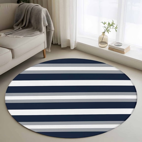 Navy Blue Gray Stripe Round Rugs 3ft, Modern Farmhouse Horizontal Striped Non Slip Washable Rug Runner, Low Pile Indoor Floor Carpet Mat Bathroom Rugs for Living Room, Bedroom, Kids Room
