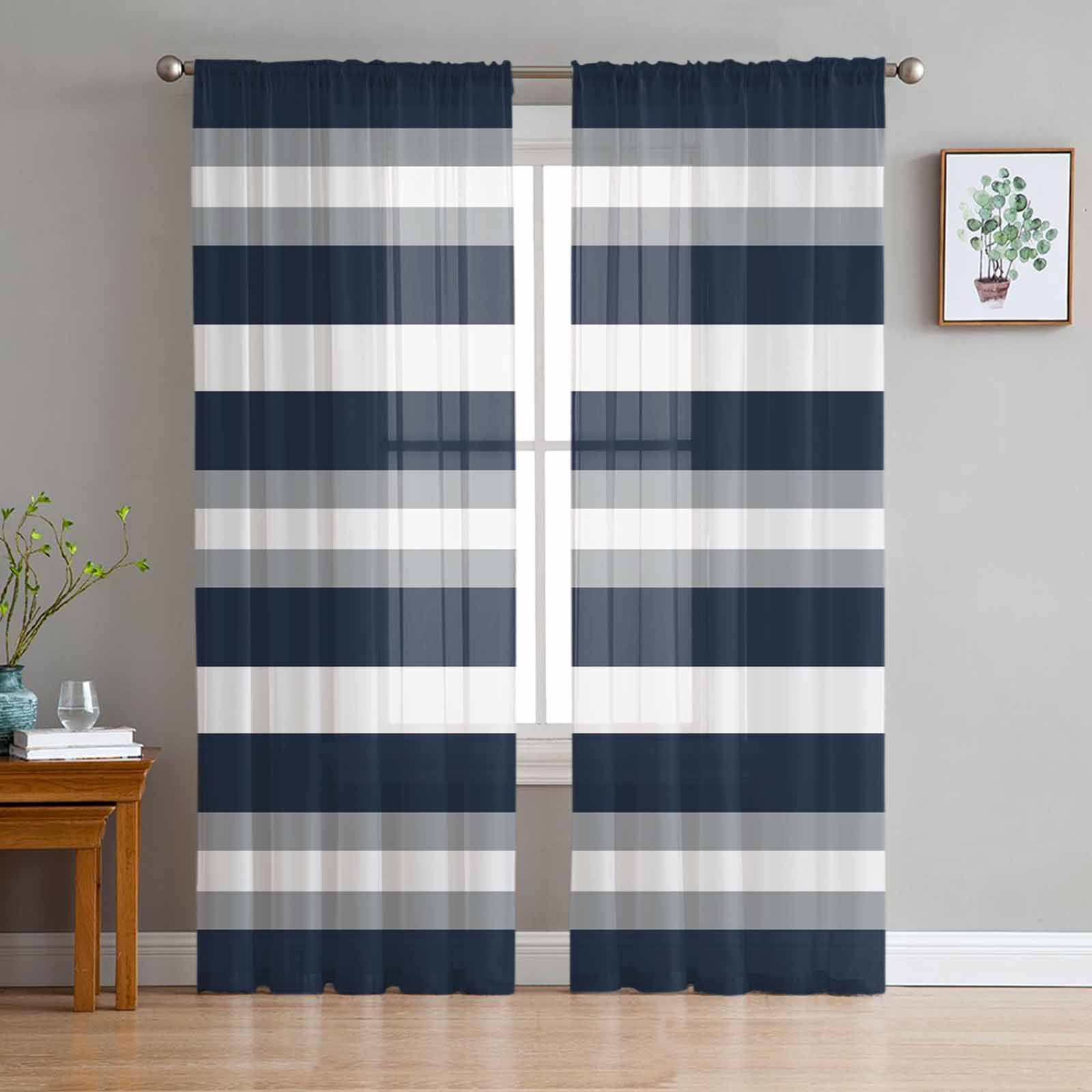 Navy Blue Gray Stripe Semi Sheer Window Curtains 108 Inches Long
