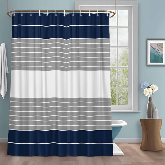Navy Blue Gray Stripe Shower Curtains for Bathroom, Abstract Line Washable Fabric Shower Curtain with Hooks Waterproof Bathroom Decor Sets, 36 x 78 Inches
