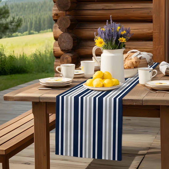 Navy Blue Gray Stripe Table Runner 13x90in Non-Slip Cotton Linen Table Runners, Modern Minimalist Style Dresser Scarves TableRunner for Dinner Kitchen Dining Wedding Party